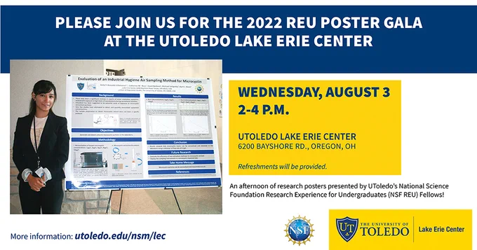 Please join us for the 2022 REU Poster Gala on Wednesday, August 3, 2-4 p.m., at the UToledo Lake Erie Center