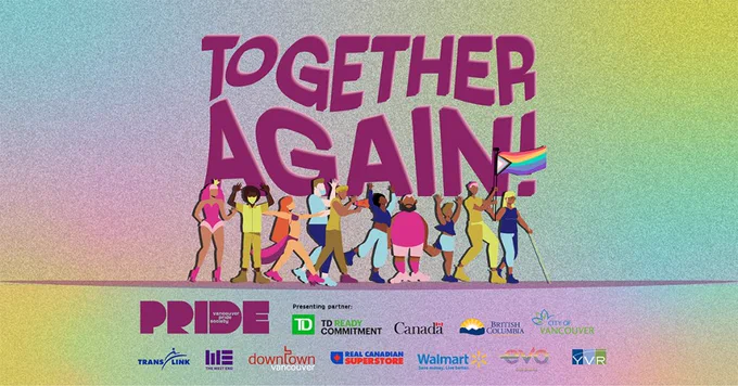 Graphic with a diverse group of people marching in parade, holding a rainbow pride flag in the front. Text behind reads "Together Again!" Multicolor background 