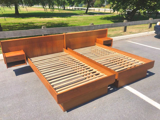 Vintage Teak Kingsize Bed or Two Twin Beds, Mid Century Modern || $1200 || Headboard 5ft each. Can be viewed by appointment. Unassembled