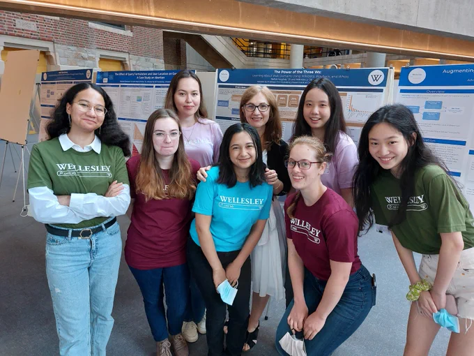 Wellesley College Science Center Summer Research poster session. Seven students with their advisor in front of their research posters.