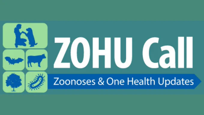 A graphic with the text "ZOHU Call; Zoonoses & One Health Updates" and accompanying icons of a microorganism, tree, cow, bat and person with their pet dog.