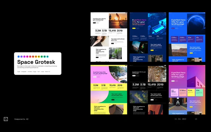A grid of 6 webpage screenshots for a common landing page design with Space Grotesk font. Each screenshot is a different combination of colors and typefaces.