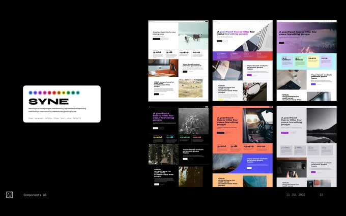 A grid of 6 webpage screenshots for a common landing page design with Syne font. Each screenshot is a different combination of colors and typefaces.