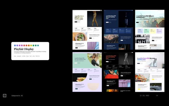 A grid of 6 webpage screenshots for a common landing page design with Playfair Display font. Each screenshot is a different combination of colors and typefaces.