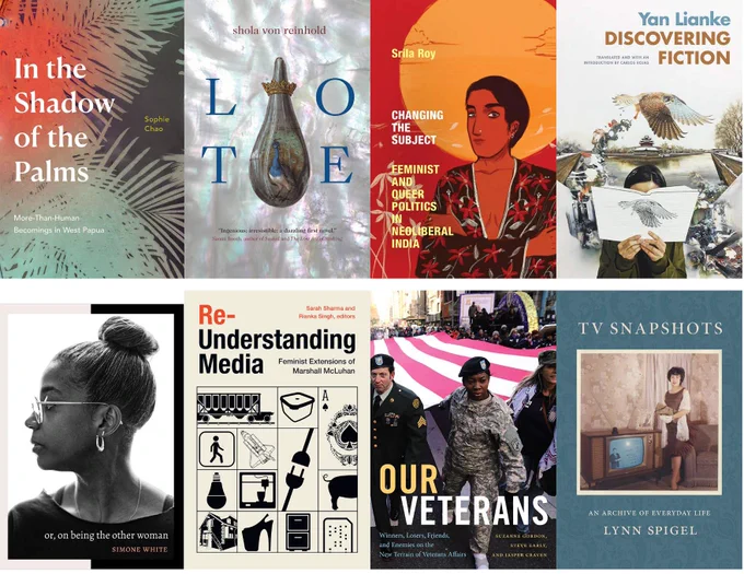 Covers of In the Shadow of the Palms, LOTE, Changing the Subject, Discovering Fiction, or, on being the other woman, Re-Understanding Media, Our Veterans, and TV Snapshots, arranged in a 4x4 grid.