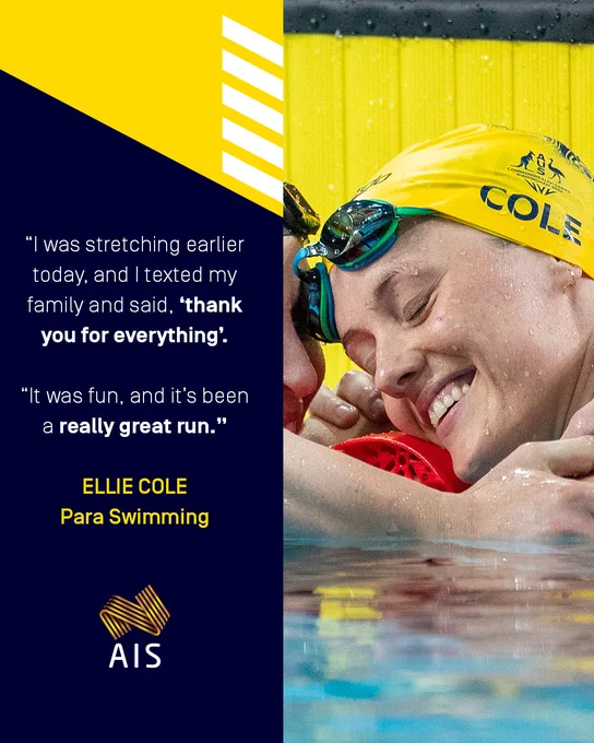 Photo of Ellie Cole smiling while in the water after finishing a swimming race. Text: “I was stretching earlier today, and I texted my family and said, ‘thank you for everything’. “It was fun, and it’s been a really great run.” ELLIE COLE Para Swimming