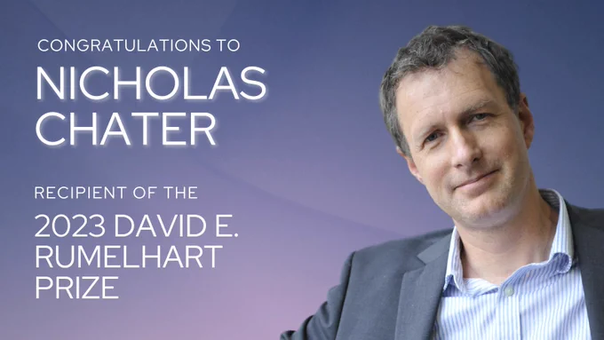 A slide with a photo of Nicholas Chater and the text "Congratulations Nicholas Chater, recipient of the 2023 David E. Rumelhart Prize."
