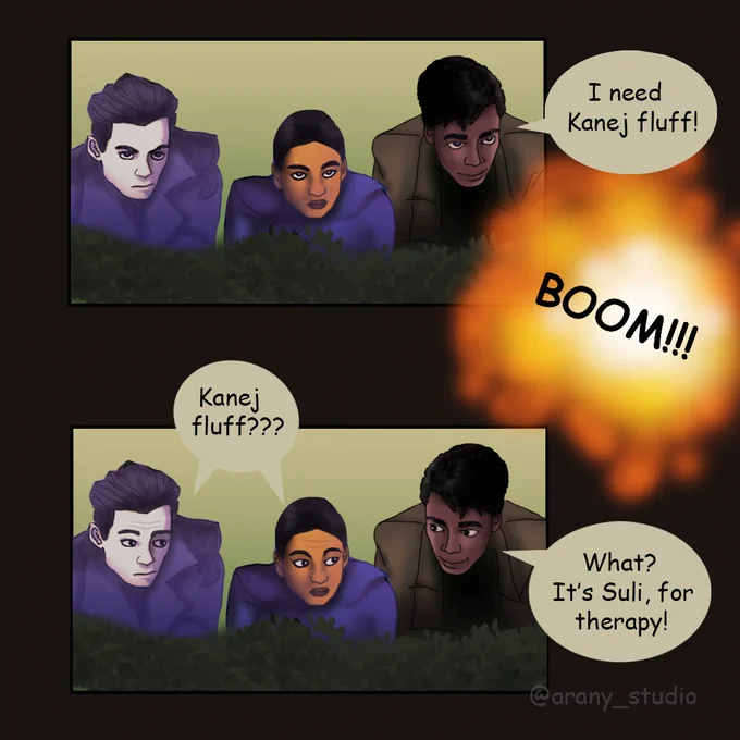 Kaz Brekker, Inej Ghafa & Jesper Fahey see their transportation out the fold explode. Jesper says: "I need Kanej fluff! Kaz and Inej ask: "Kanej fluff?" and Jesper says: "What? It's Suli, for therapy!"