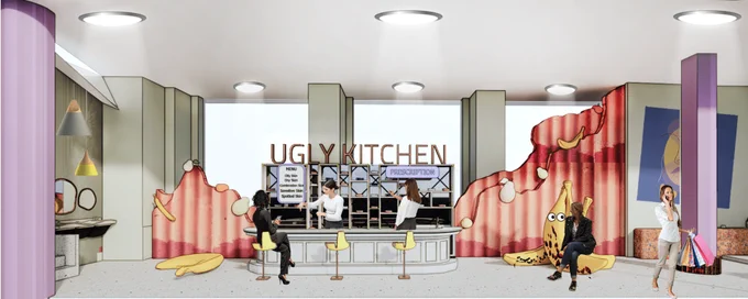 Collage image of people sitting around structure with 'Ugly Kitchen' written above and people sitting on giant bananas