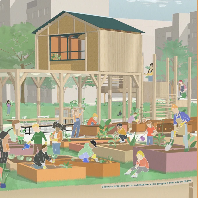 Illustration of people gardening around structure on stilts