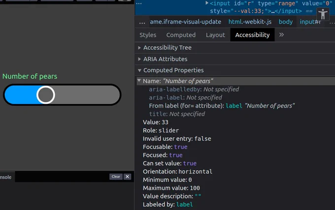 Screenshot of DevTools Accessibility panel for the range input version of the SVG slider mentioned in previous tweet. It's seen as a slider, its value, minimum and maximum are seen as well and it's seen as labeled by a label element.