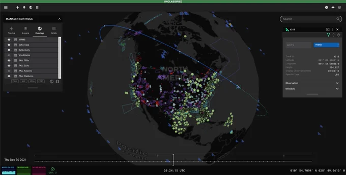 ARGUS CommandCenter by Hypergiant Industries providing live 3D views with orbital path and prediction lines for global situational awareness. The system pulls dynamically from multiple live or snapshot data sources, presenting in various web browsers from ruggedized military tablets to large desktop or even operation room monitors at upwards of 60 frames per second with no lag. Operators have ability to choose available tracks, layers, overlays, and grids via the Manager Controls menu on the left, while details about a selected item are displayed in an informative “baseball card” on the right. Operators can zoom in and inspect any data point or area in space, air, surface and subsurface or underwater provided available applicable datasources.