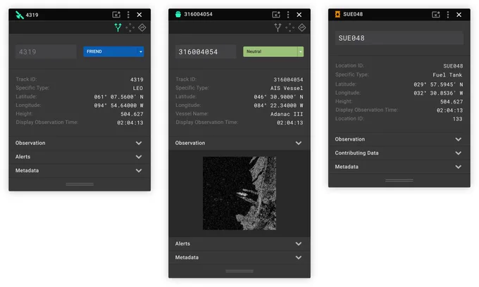 CommandCenter "Baseball Cards" displaying, from left to right, Satellite, Vessel (Maritime View), and Location