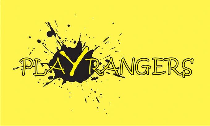 Yellow background with a black ink splat and the text "Playrangers"