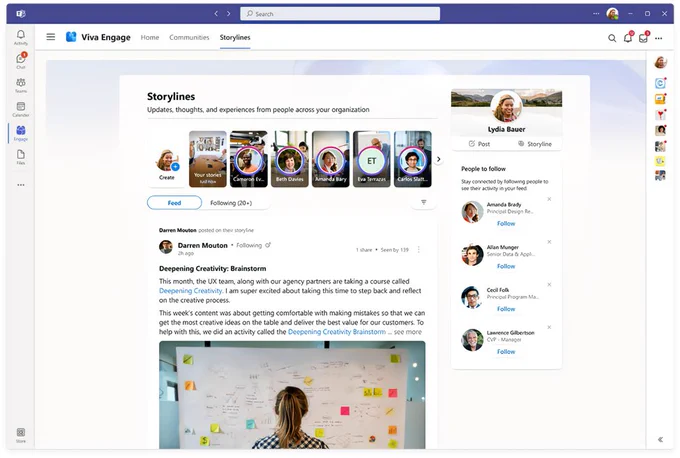 Screenshot of Microsoft Viva Engage in Microsoft Teams. You see the new feature Storylines where people publish and engage with their community within their organization. 