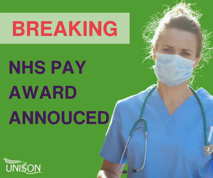 Text: Breaking: NHS pay award announced. Image of health worker wearing mask