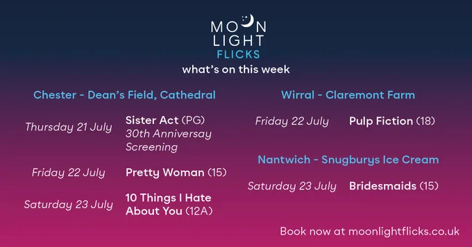 Moonlight Flicks. 
what's on this week.

Chester - Dean's Field, Cathedral
Thursday 21 July | Sister Act (PG) 30th Anniversay Screening
Friday 22 July | Pretty Woman (15)
Saturday 23 July | 10 Things I Hate About You (12A)

Wirral - Claremont Farm
Friday 22 July | Pulp Fiction (18)

Nantwich - Snugburys Ice Cream
Saturday 23 July | Bridesmaids (15)

Book now at moonlightflicks.co.uk