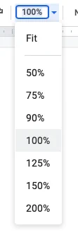 Google Docs' zoom level dropdown. Fit is at the top, then a series of percentage zooms from 50% to 200%.