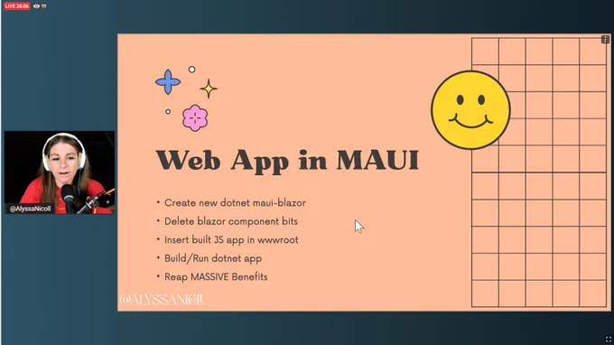 Alyssa's introductory slide with agenda items for the evening. Creating a new app, deleting blazor component bits, Insert build JS app, build/run dotnet app, BENEFIT!