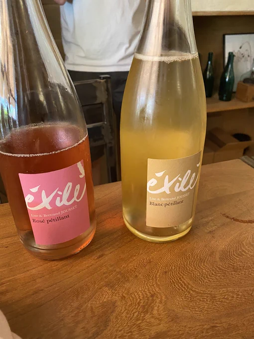 Vin nature « Éxilé », rosé pétillant de Lise et Bertrand Jousset.
Vin nature « Éxilé », blanc pétillant de Lise et Bertrand Jousset