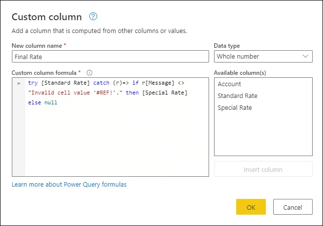 Custom column dialog showing a formula where the try catch syntax is being use for error handling