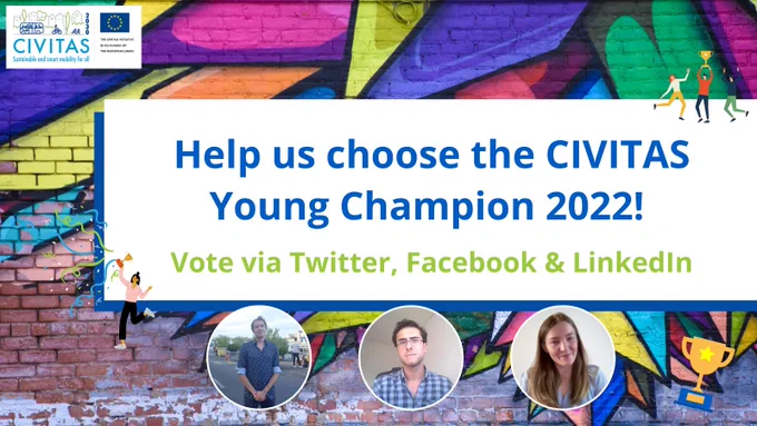 Promotional card that reads: "Help us choose the CIVITAS Young Champion 2022! Vote via Twitter, Facebook & LinkedIn". Pictures of the three finalists are visible below.