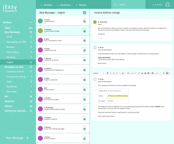 The image shows the User interface of a CRM platform with a mailbox and an open list of messages from one of the folders displayed on the left. On the right, there is an example email thread with one of the clients.