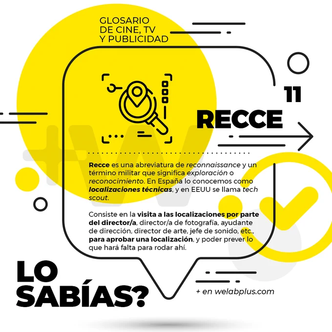 Recce es una abreviatura de reconnaissance y un término militar que significa exploración o reconocimiento. En España lo conocemos como
localizaciones técnicas, y en EEUU se llama tech scout.

Consiste en la visita a las localizaciones por parte del director/a, director/a de fotografía, ayudante de dirección, director de arte, jefe de sonido, etc., para aprobar una localización, y poder prever lo que hará falta para rodar ahí.