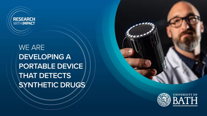 A scientist holds a small black cylindrical device. Text reads: We are developing a portable device that detects synthetic drugs.