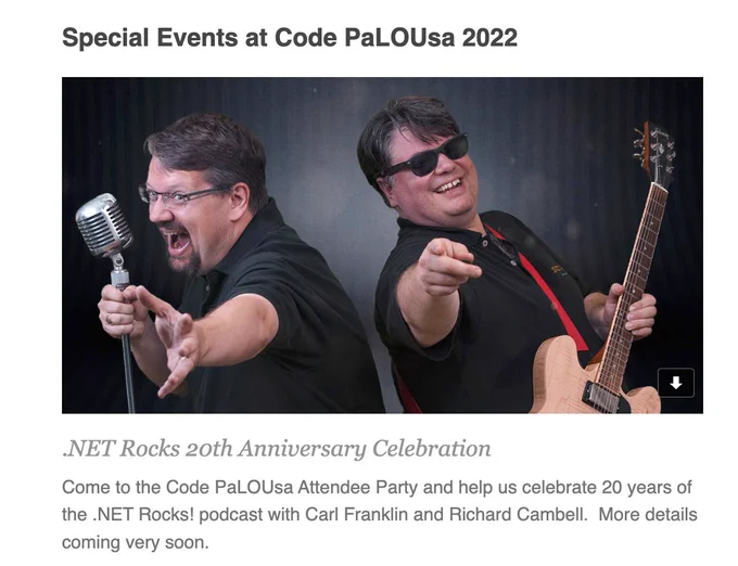 Photo of Richard Campbell and Carl Franklin posing with a microphone and a guitar for their .NET Rocks Podcast promotion
