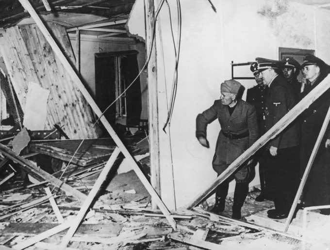 Adolf Hitler and Benito Mussolini after the July Plot failed
Adolf Hitler (right) and Benito Mussolini (left) at the damaged Wolfsschanze (Wolf's Lair) field headquarters in Rastenburg, East Prussia, after an assassination attempt on Hitler, July 1944.