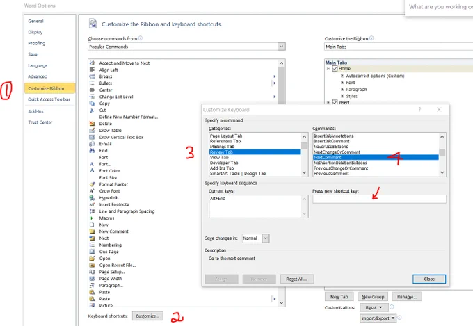 Screen grab of Customize ribbon > Keyboard shortcut customize > Categories > Review Tab > Commands > NextComment > fill in desired shortcut in Press new shortcut key