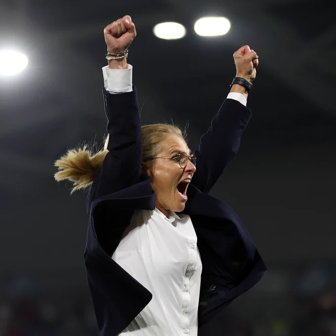 Sarina Wiegman celebrates at full time.