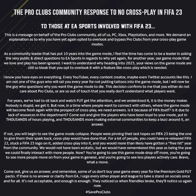 Protesta generale della community di Pro Club verso la mancanza del Cross-Play nella modalità.