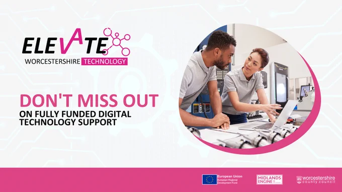 Elevate Worcestershire Technology logo. Text reads: Don't miss out on fully funded digital technology support
