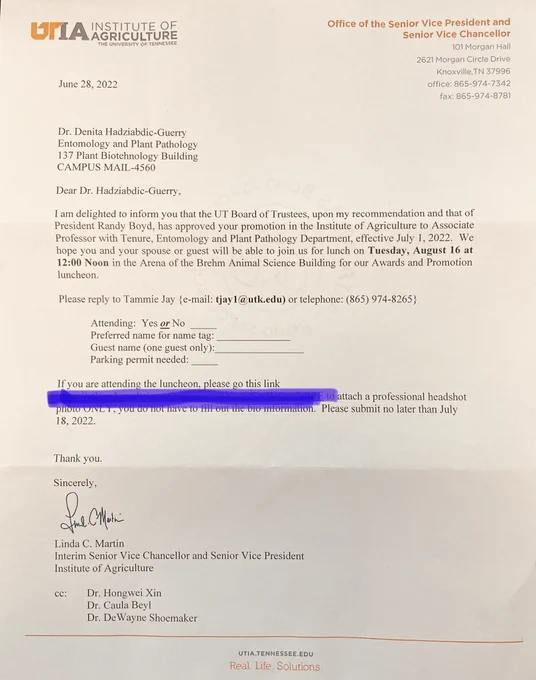 Promotional letter from The University of Tennessee Board of Trustees and UT president Boyd regarding tenure (from Assistant to Associate Professor).