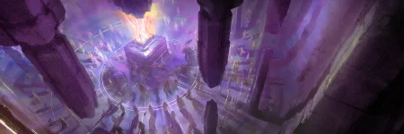 a large column of flame in the centre of a circle of psions; the violet colours suggest psionic activity