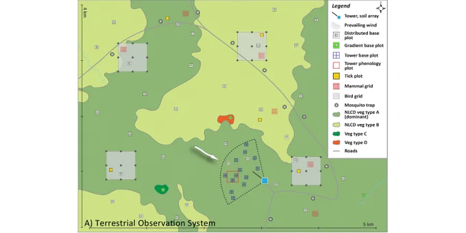 Generalized sampling schematic for Terrestrial Observation System (TOS) plots. For TOS plots, distributed, tower, and gradient plots, and locations of various sampling regimes are presented via symbols