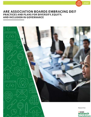 Image depicts cover of the report: Are Association Boards Embracing DEI? Cover shows people sitting at a conference table.