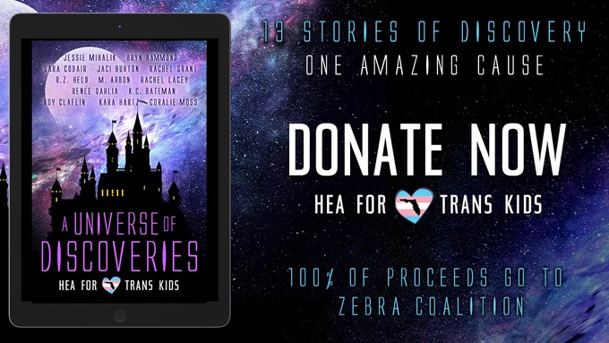 A universe of Discovers: Donate now. This cover features our HEA For Trans Kids castle on a background of stars and nebulas with a giant moon in the background. 