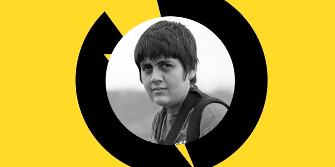 yellow background with a circle in the middle that has a black and white photograph of Pantheon's Community Champion