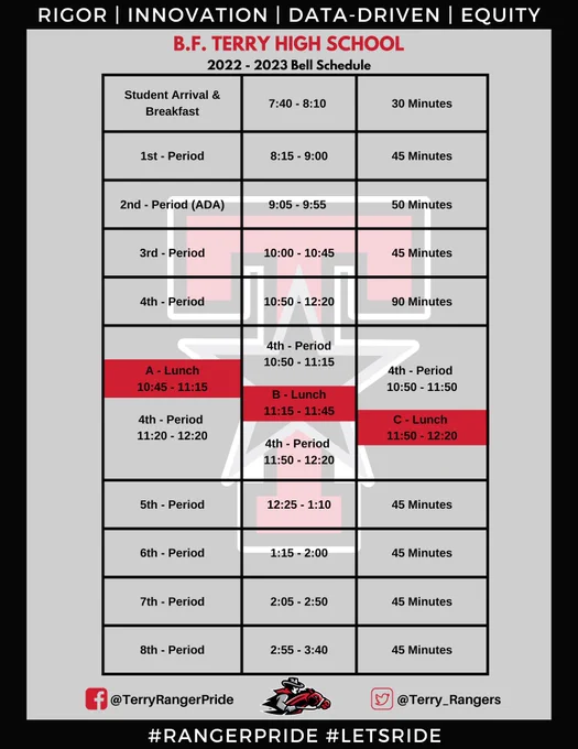 B.F. Terry High School 2022-2023 Bell Schedule