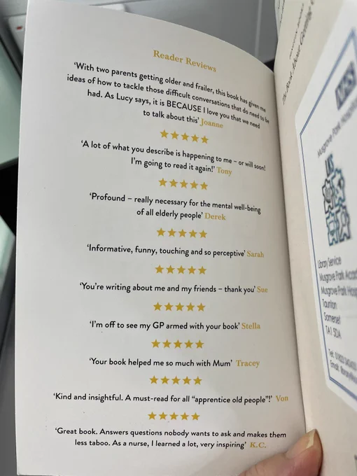 Inside front cover of The Book About Getting Older by Dr Lucy Pollock features a list of recommendation quotes by reviewers including a quote from author of this tweet.