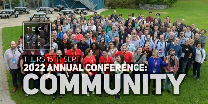 Gathering of people after the 2019 conference with tech exeter logo and conference text overlaid