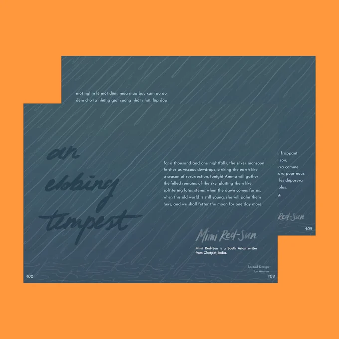 On a tangerine orange background are two spreadsheets for the title 'an ebbing tempest' by Mimi Red-Sun. Both spreadsheets feature a gloomy windy storm as a backdrop. 