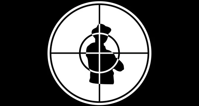 Public Enemy logo. Silhouette of a b-boy with arms folded wearing a hat with a target imposed over the top.