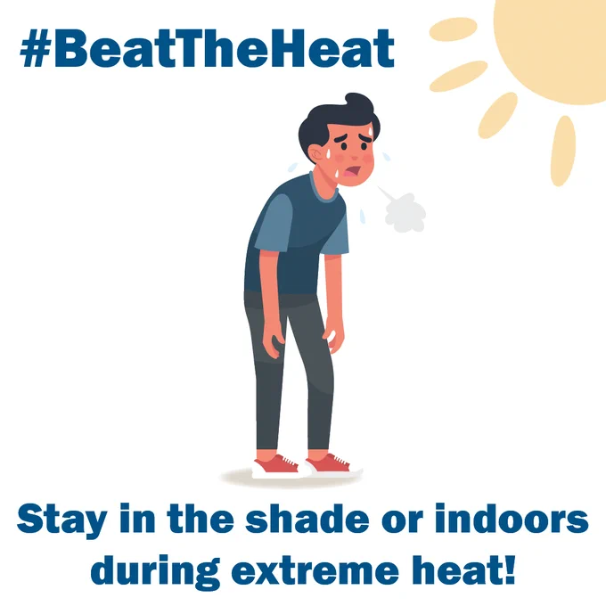 A boy sweats and has a hard time breathing in the hot sun. Stay in the shade or indoors during extreme heat!