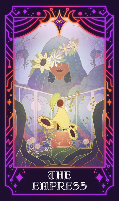 The Empress Major Arcana card. A small creature with a leaf sticking out of their head stands on a flipped pot and looks up at a giant person looking down on them. This person has a dark hood covering their eyes and a flower crown on their head. The whole environment is covered in greenery.
