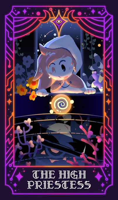 The High Priestess Major Arcana card. A character with a cape and hood looks down at a shiny ball floating above the water. Flowers surround them with vines growing on the walls.