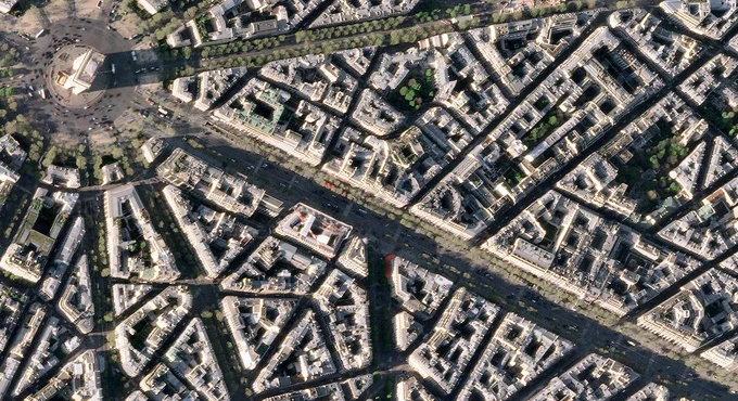 Space view of Paris, particularly, of the avenue Champs-Élysées and the Arc de Triomphe.